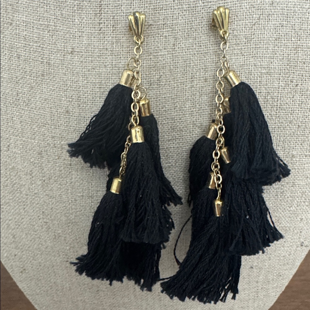 ETTIKA Gold Plated Three Tier Black Tassel Chandelier Earrings